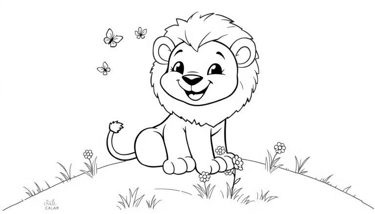 Eine Schwarzweiß-Farbtafel eines freundlichen Cartoon-Löwenbabys mit einer großen Mähne, das auf einem Hügel mit Blumen sitzt.