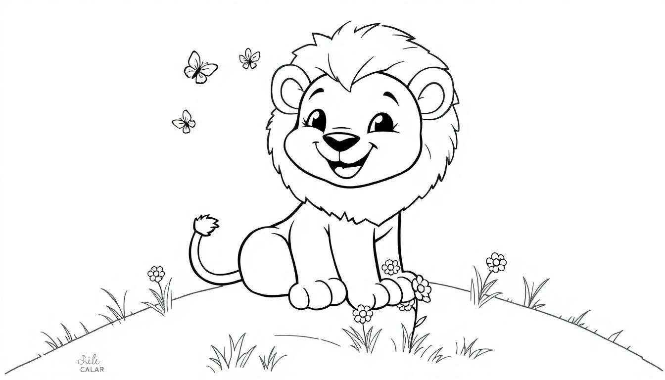 Eine Schwarzweiß-Farbtafel eines freundlichen Cartoon-Löwenbabys mit einer großen Mähne, das auf einem Hügel mit Blumen sitzt.