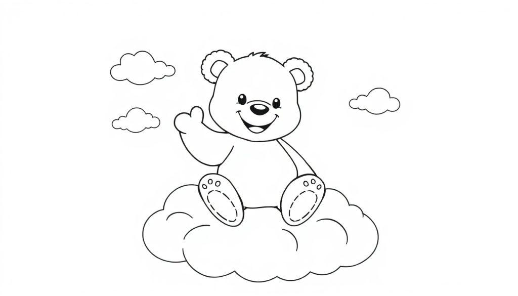 Schwarz-weiße Farbtafel eines Teddybären, der auf einer Wolke winkt.