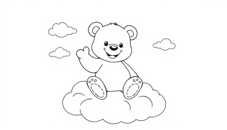 Schwarz-weiße Farbtafel eines Teddybären, der auf einer Wolke winkt.