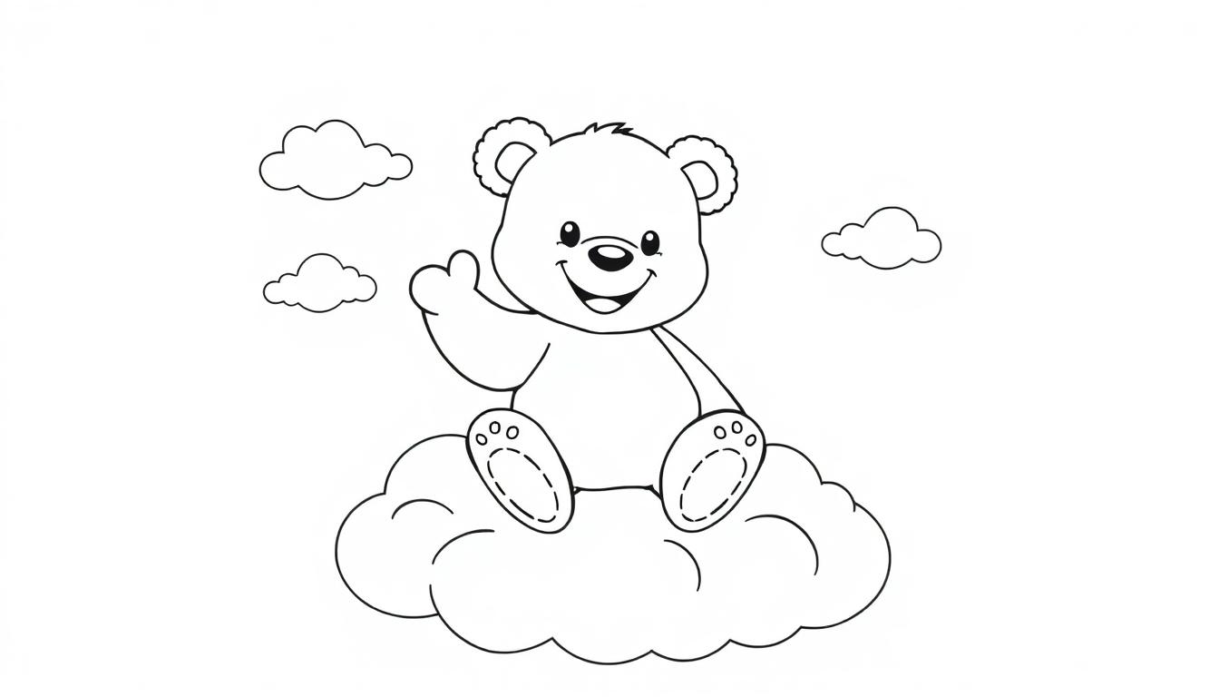 Schwarz-weiße Farbtafel eines Teddybären, der auf einer Wolke winkt.