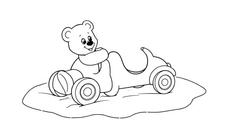 Schwarz-weiße Farbtafel eines Teddybären in einem Spielzeugauto.