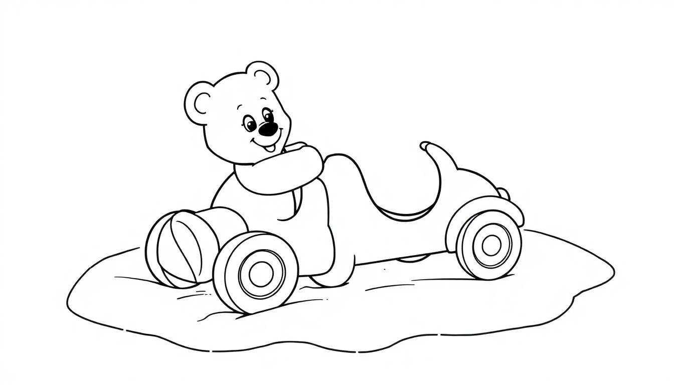 Schwarz-weiße Farbtafel eines Teddybären in einem Spielzeugauto.