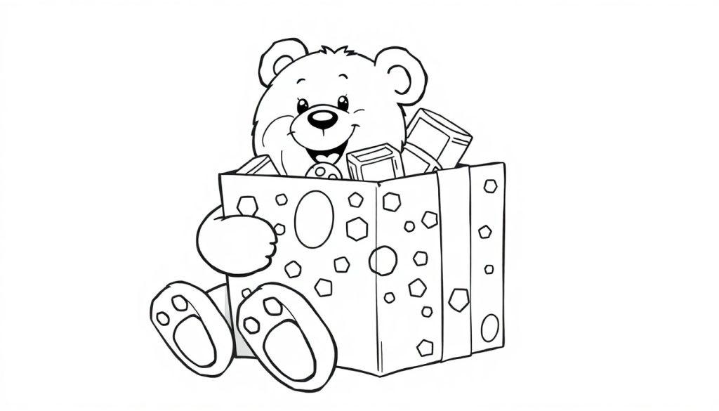 Schwarz-weiße Farbtafel eines Cartoon-Teddybären, der fröhlich in einer Geschenkbox sitzt, umgeben von Bausteinen.
