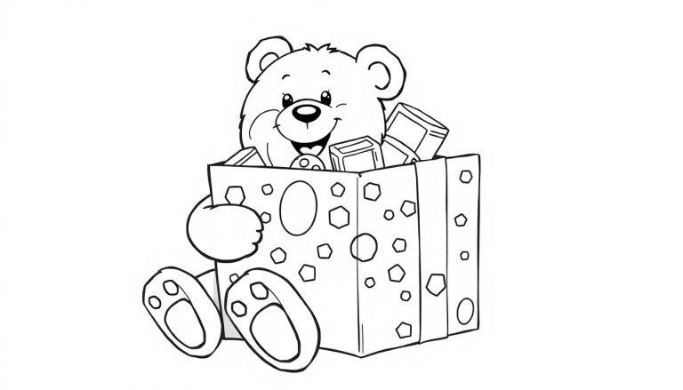Schwarz-weiße Farbtafel eines Cartoon-Teddybären, der fröhlich in einer Geschenkbox sitzt, umgeben von Bausteinen.