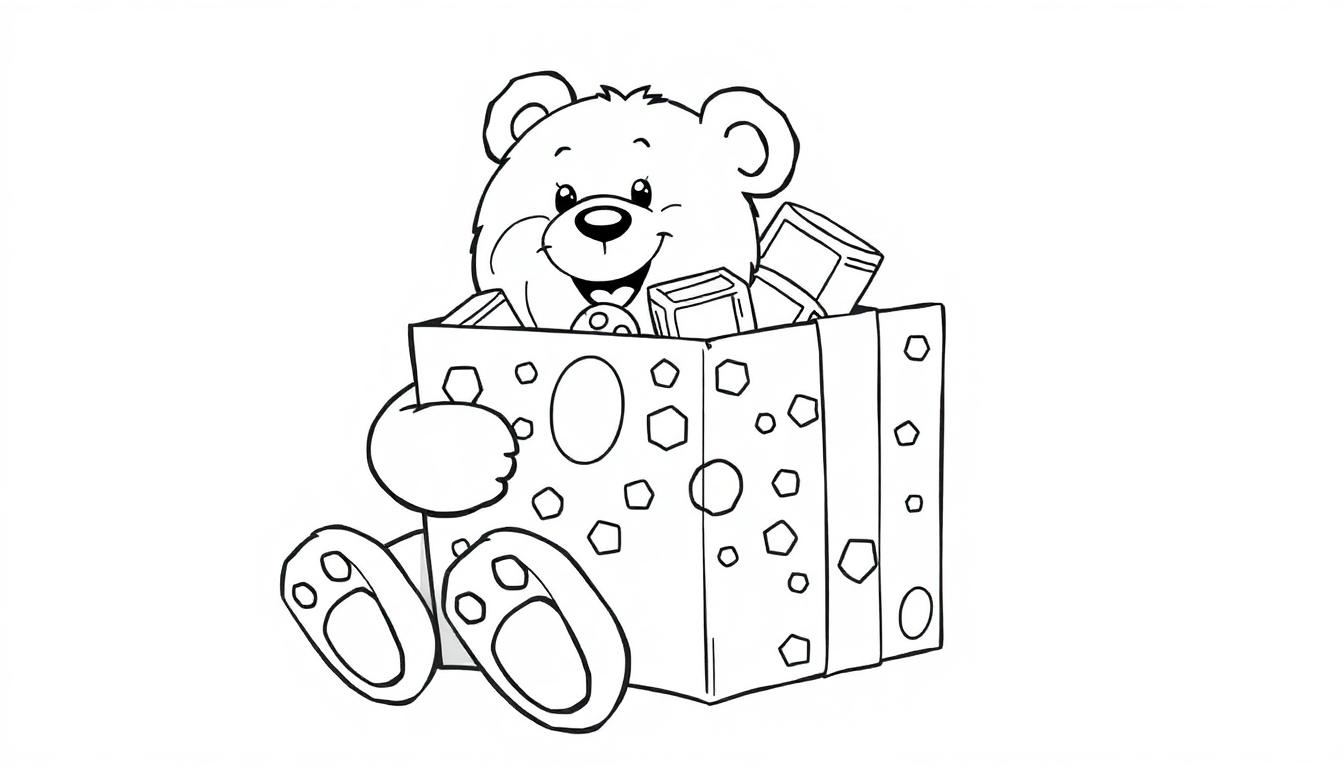 Schwarz-weiße Farbtafel eines Cartoon-Teddybären, der fröhlich in einer Geschenkbox sitzt, umgeben von Bausteinen.