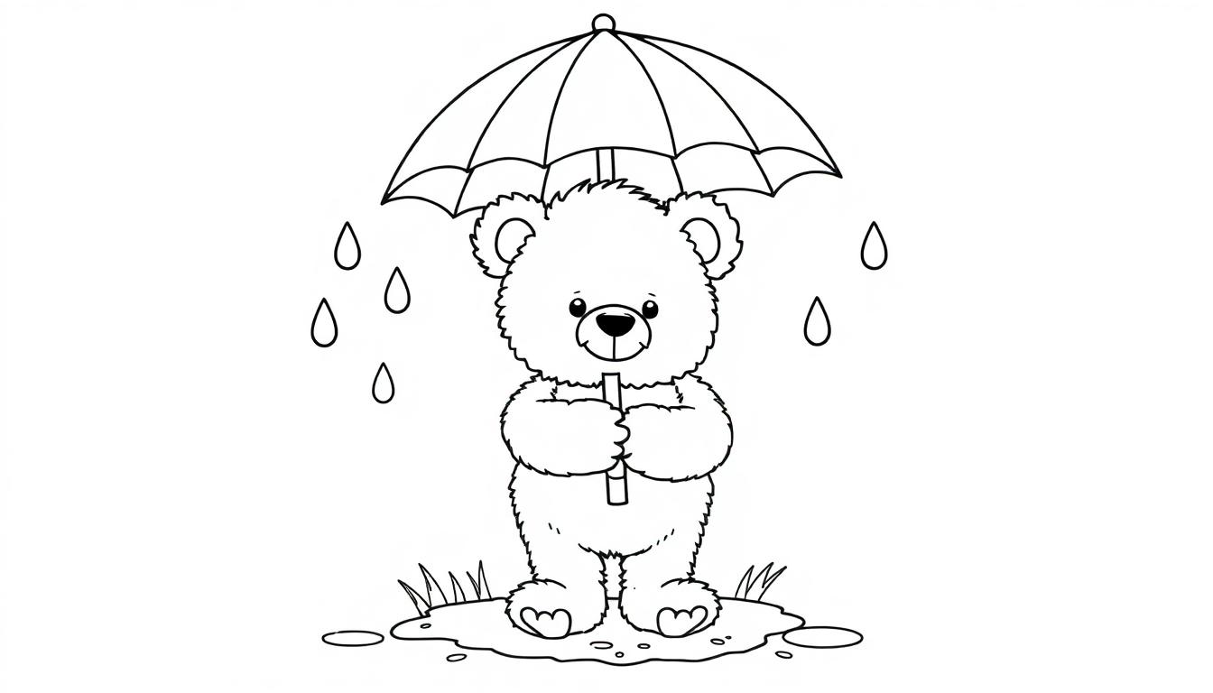 Schwarz-weiße Farbtafel eines Teddybären mit Regenschirm im Regen.