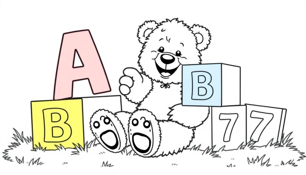 Eine Schwarz-Weiß-Malvorlage mit einem fröhlichen Cartoon-Teddybären, der in bunten Spielzeugblöcken sitzt. Die Blöcke zeigen die Buchstaben 'A' und 'B' sowie die Zahl '7'. Gras umgibt die Szene. Diese Farbtafel lädt zum Ausmalen ein.