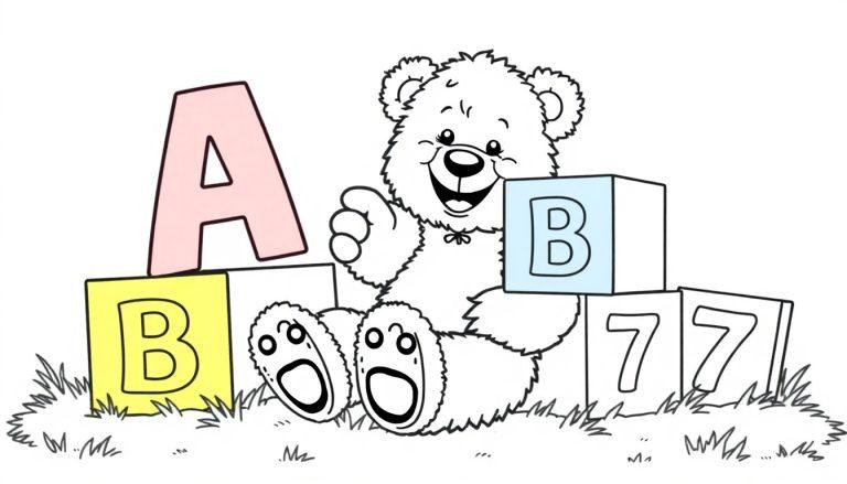 Eine Schwarz-Weiß-Malvorlage mit einem fröhlichen Cartoon-Teddybären, der in bunten Spielzeugblöcken sitzt. Die Blöcke zeigen die Buchstaben 'A' und 'B' sowie die Zahl '7'. Gras umgibt die Szene. Diese Farbtafel lädt zum Ausmalen ein.