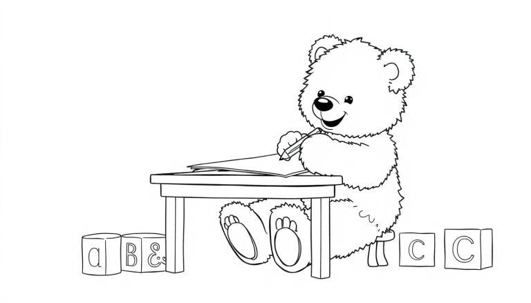 Eine Schwarz-Weiß-Farbtafel eines Teddybären, der am Tisch sitzt und mit einem Bleistift schreibt, mit Bauklötzen auf dem Tisch.
