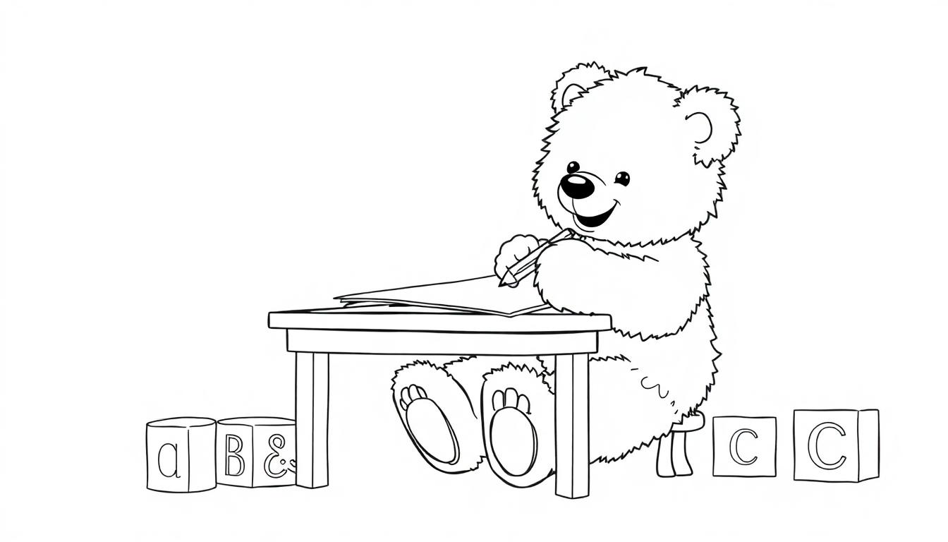 Eine Schwarz-Weiß-Farbtafel eines Teddybären, der am Tisch sitzt und mit einem Bleistift schreibt, mit Bauklötzen auf dem Tisch.