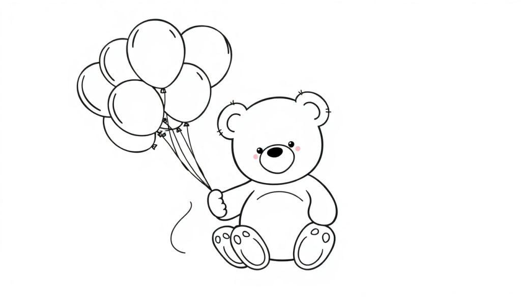 Schwarz-Weiß-Farbtafel-Umriss eines Teddybären mit Ballons.