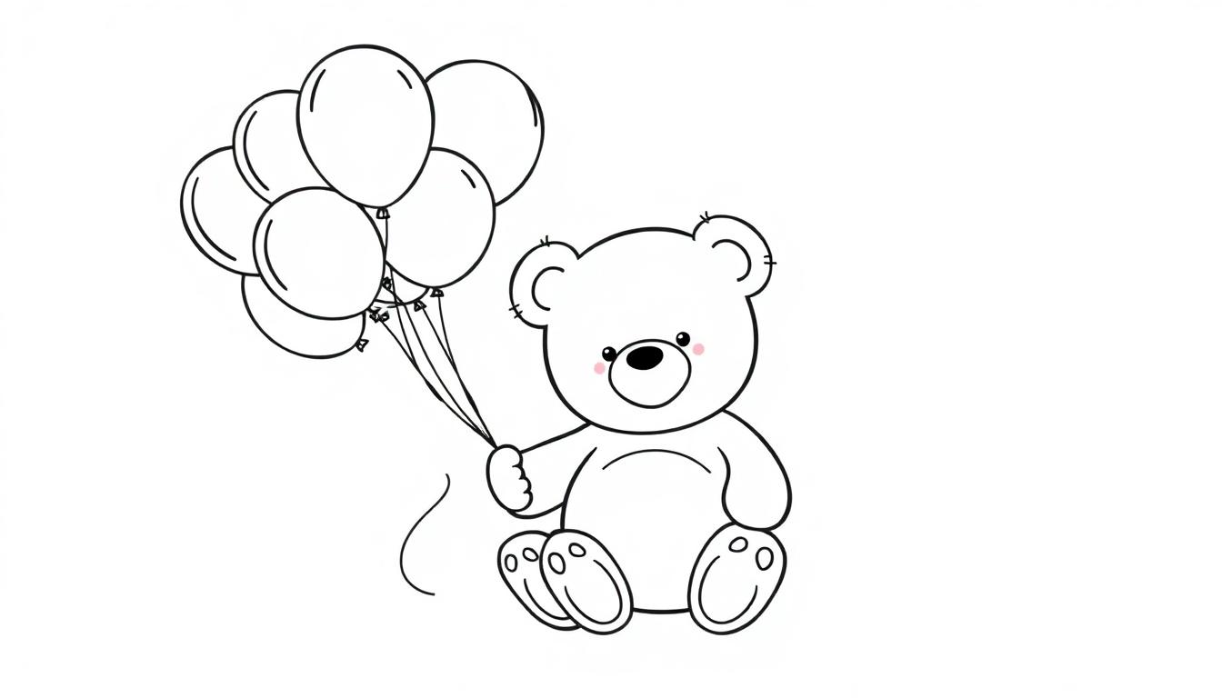 Schwarz-Weiß-Farbtafel-Umriss eines Teddybären mit Ballons.