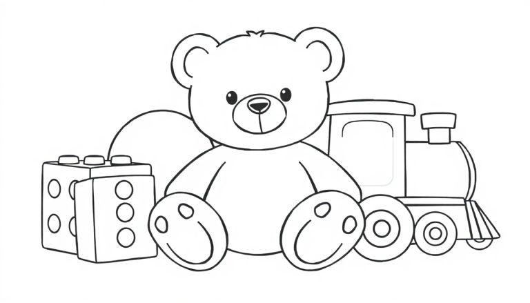 Schwarz-weiße Farbtafel: Ein niedlicher Teddybär sitzt auf Bauklötzen und einem Spielzeugzug.