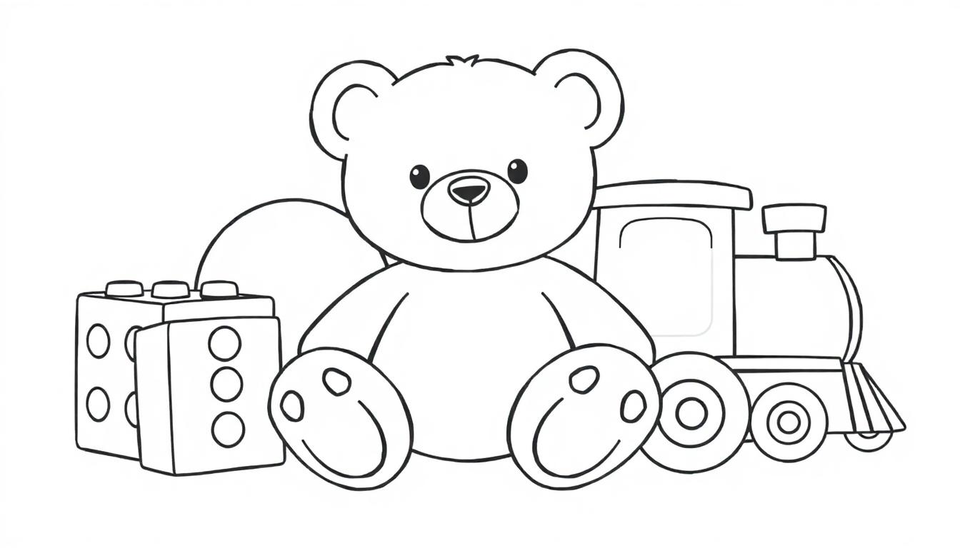 Schwarz-weiße Farbtafel: Ein niedlicher Teddybär sitzt auf Bauklötzen und einem Spielzeugzug.