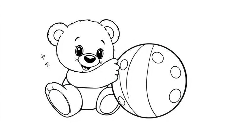Schwarz-Weiß-Farbtafel eines Teddybären, der neben einem gestreiften Ball sitzt.