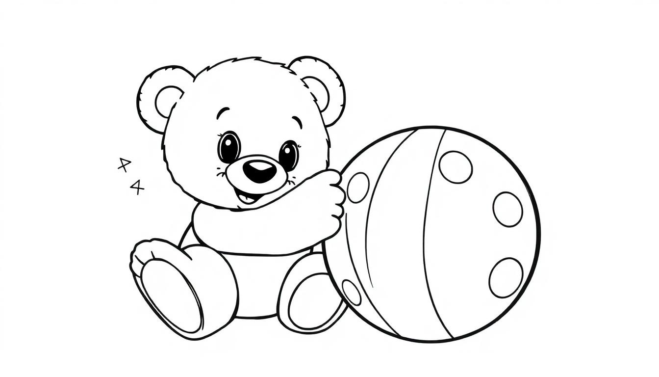 Schwarz-Weiß-Farbtafel eines Teddybären, der neben einem gestreiften Ball sitzt.