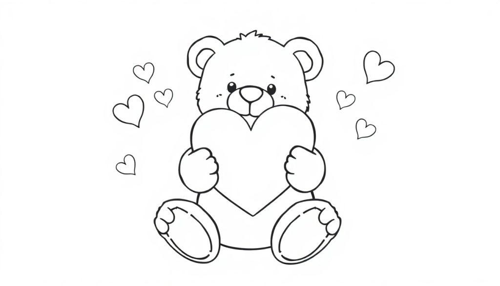 Schwarz-weiße Farbtafel eines Teddybären, der ein Herz hält, mit schwebenden Herzen im Hintergrund.
