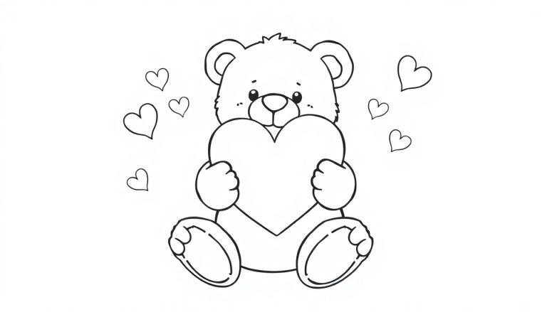 Schwarz-weiße Farbtafel eines Teddybären, der ein Herz hält, mit schwebenden Herzen im Hintergrund.