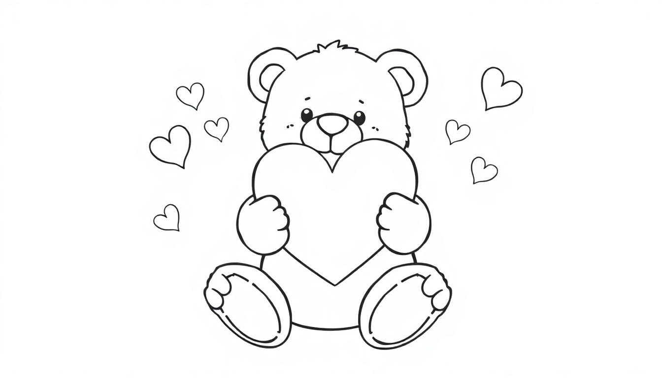 Schwarz-weiße Farbtafel eines Teddybären, der ein Herz hält, mit schwebenden Herzen im Hintergrund.