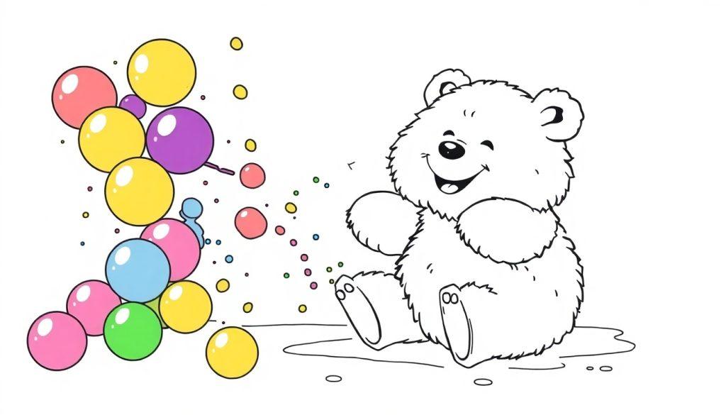 Eine schwarz-weiße Zeichnung eines fröhlichen Teddybären mit bunten Blasen, bereit für eine Farbtafel.