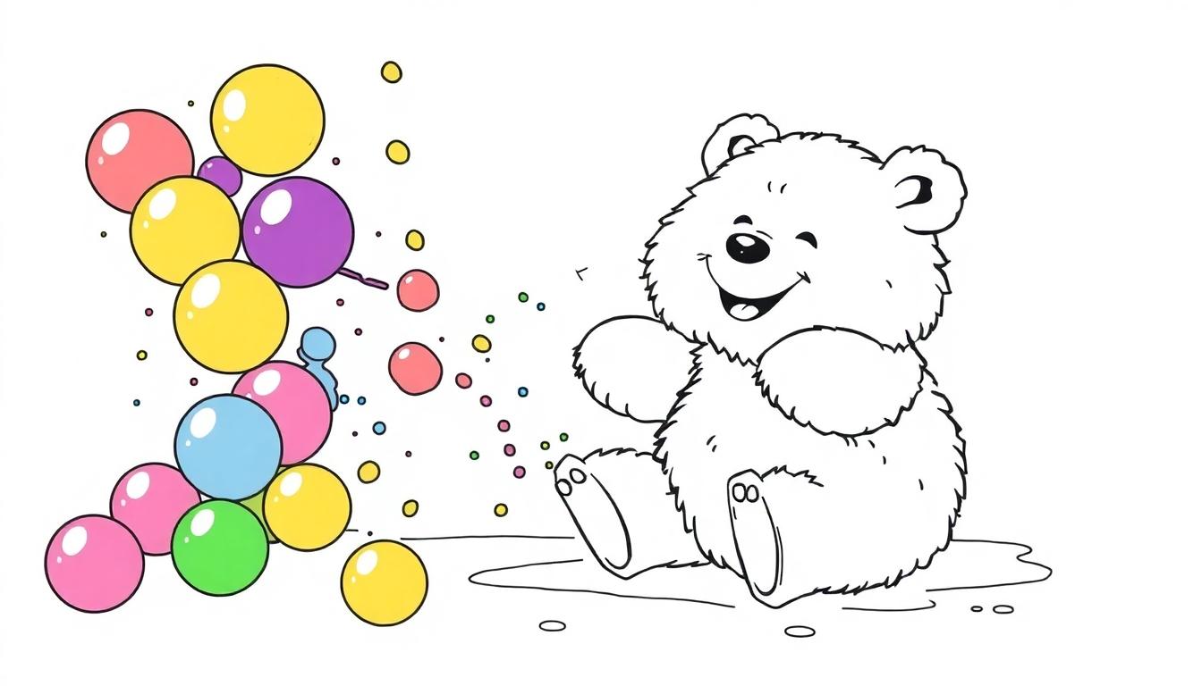 Eine schwarz-weiße Zeichnung eines fröhlichen Teddybären mit bunten Blasen, bereit für eine Farbtafel.
