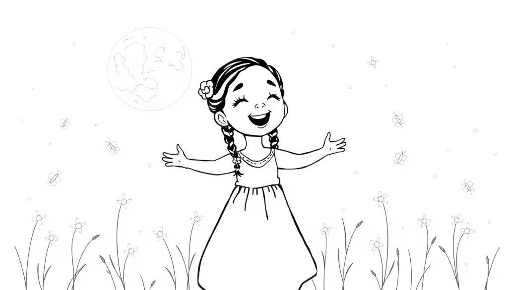 Eine junge Frau mit geflochtenen Zöpfen und einem Kleid steht in einem Blumenfeld und breitet die Arme aus. Ein Mond und Schmetterlinge sind im Hintergrund einer Schwarz-Weiß-Farbtafel zu sehen.