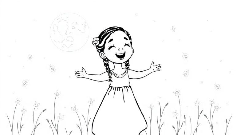 Eine junge Frau mit geflochtenen Zöpfen und einem Kleid steht in einem Blumenfeld und breitet die Arme aus. Ein Mond und Schmetterlinge sind im Hintergrund einer Schwarz-Weiß-Farbtafel zu sehen.