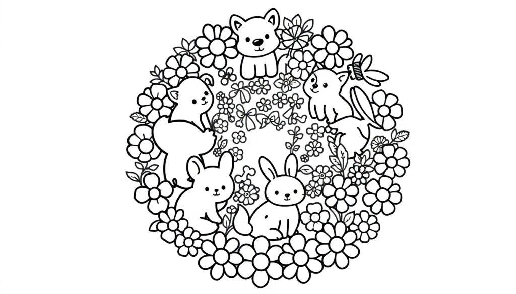 Schwarz-weiße Farbtafel einer Skizze mit zwei Hasen, zwei Hunden und einem Eichhörnchen, die von einem Kranz aus Blumen umgeben sind.