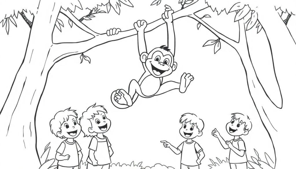 Ein Affe hängt an einem Ast im Wald, während vier Kinder ihn unten betrachten.