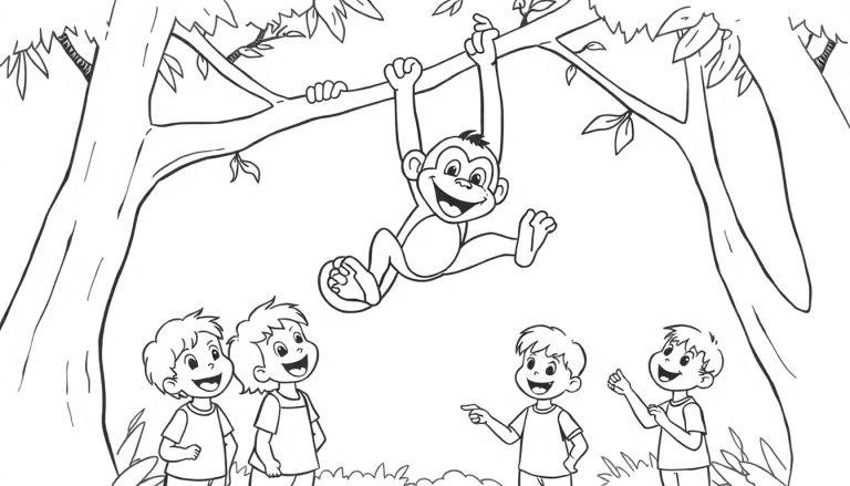 Ein Affe hängt an einem Ast im Wald, während vier Kinder ihn unten betrachten.