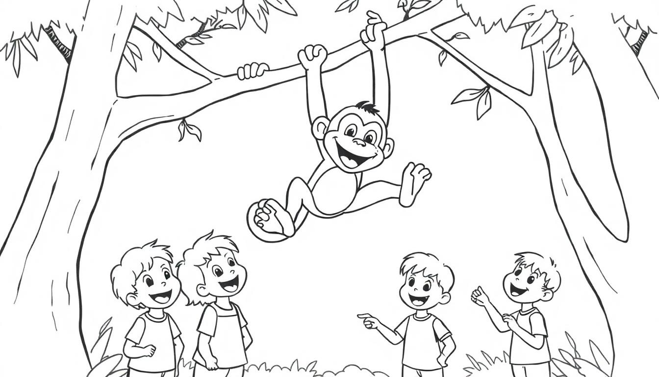 Ein Affe hängt an einem Ast im Wald, während vier Kinder ihn unten betrachten.