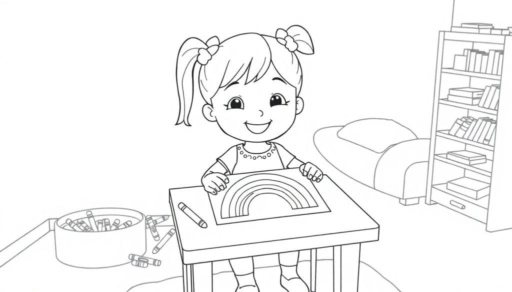 Ein süßes Toca Boca Mädchen sitzt an einem Tisch und malt eine Regenbogen-Farbtafel in Schwarz-Weiß.