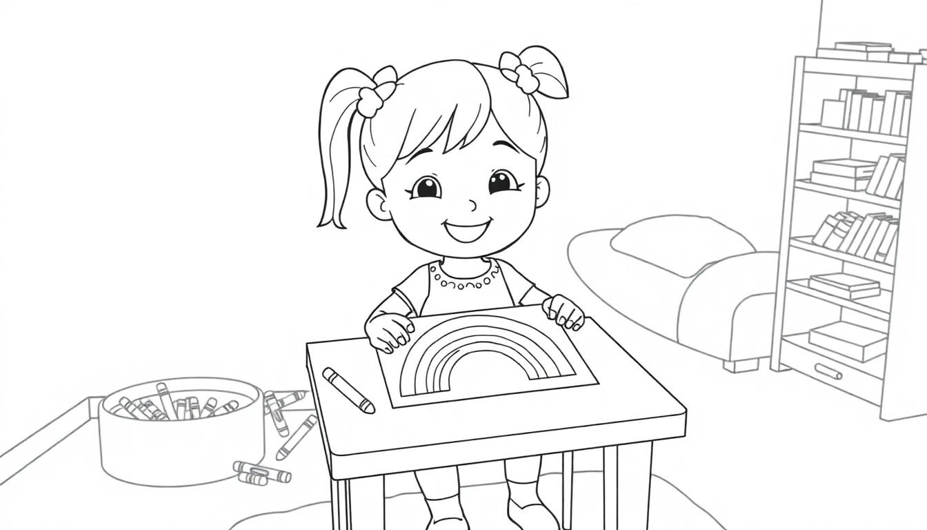 Ein süßes Toca Boca Mädchen sitzt an einem Tisch und malt eine Regenbogen-Farbtafel in Schwarz-Weiß.