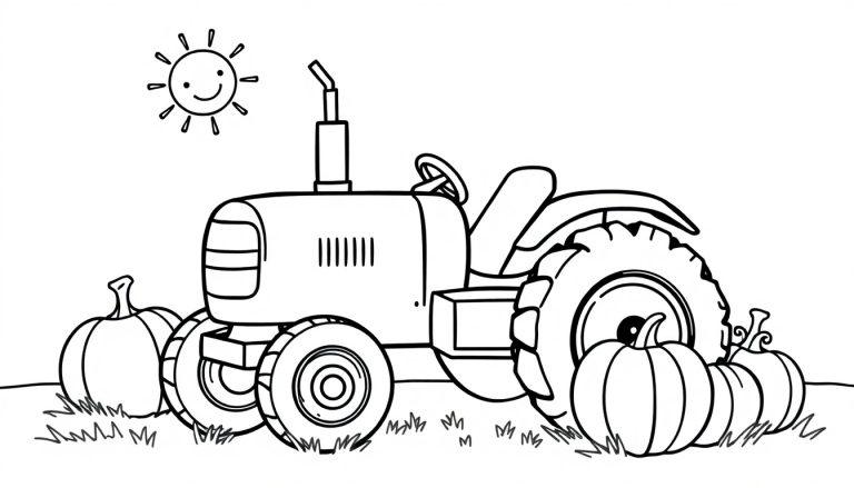 Schwarz-weiße Farbtafel eines freundlichen Traktors mit Kürbissen daneben und der Sonne im Hintergrund.
