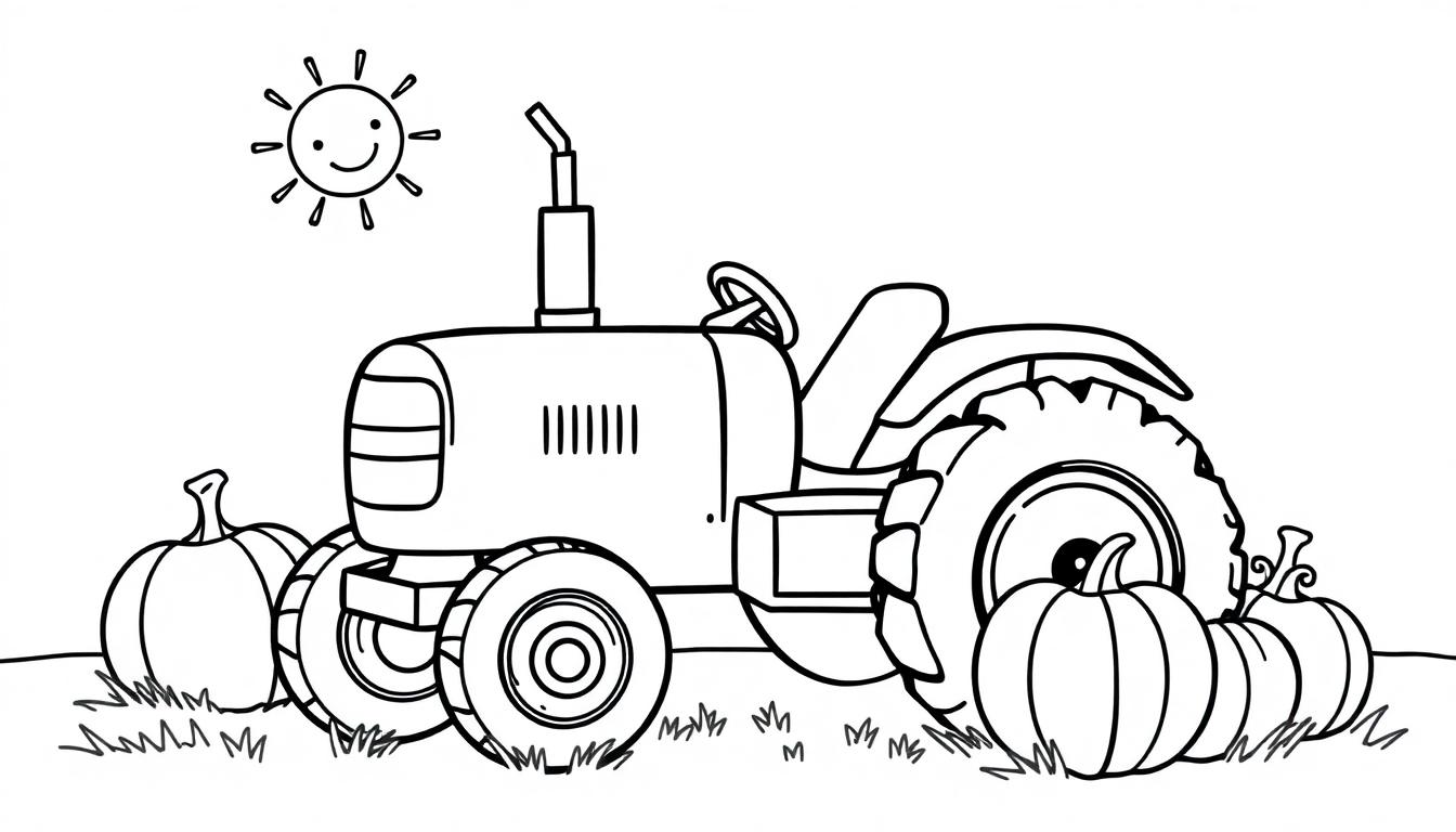 Schwarz-weiße Farbtafel eines freundlichen Traktors mit Kürbissen daneben und der Sonne im Hintergrund.