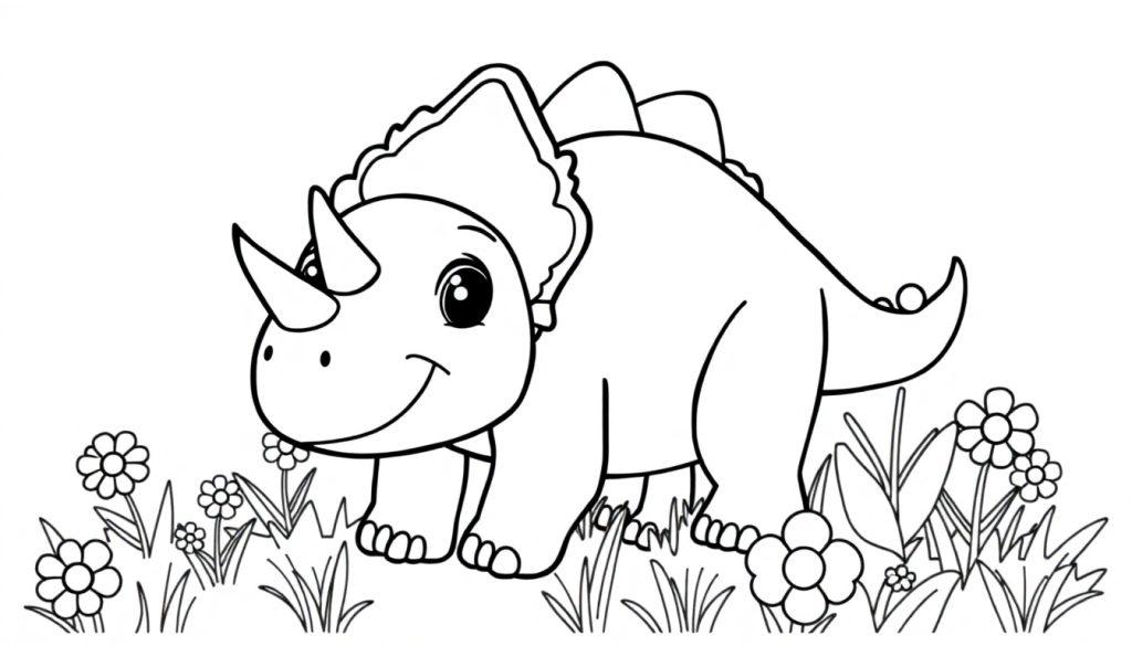 Eine niedliche Cartoon-Farbtafel eines Triceratops in einer Blumenwiese, bereit zum Ausmalen.