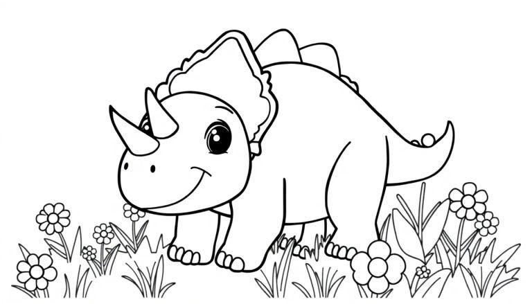 Eine niedliche Cartoon-Farbtafel eines Triceratops in einer Blumenwiese, bereit zum Ausmalen.