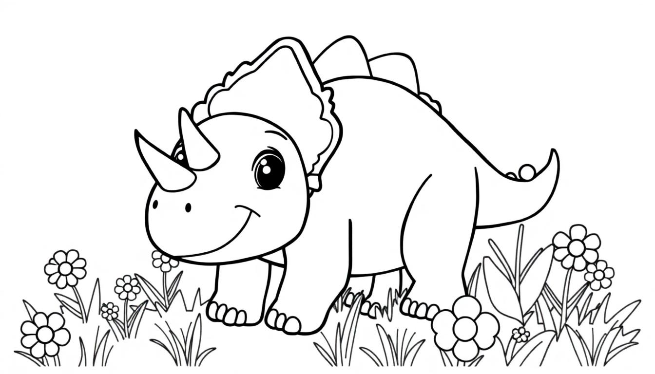 Eine niedliche Cartoon-Farbtafel eines Triceratops in einer Blumenwiese, bereit zum Ausmalen.