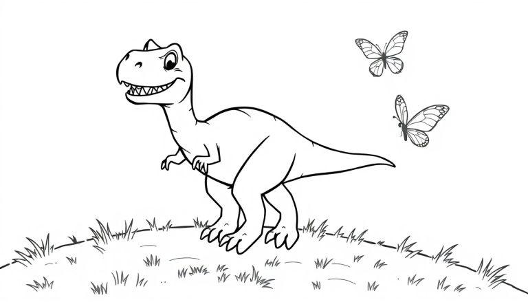 Farbtafel eines freundlichen Cartoon-Tyrannosaurus Rex in einer grünen Wiese mit Schmetterlingen.