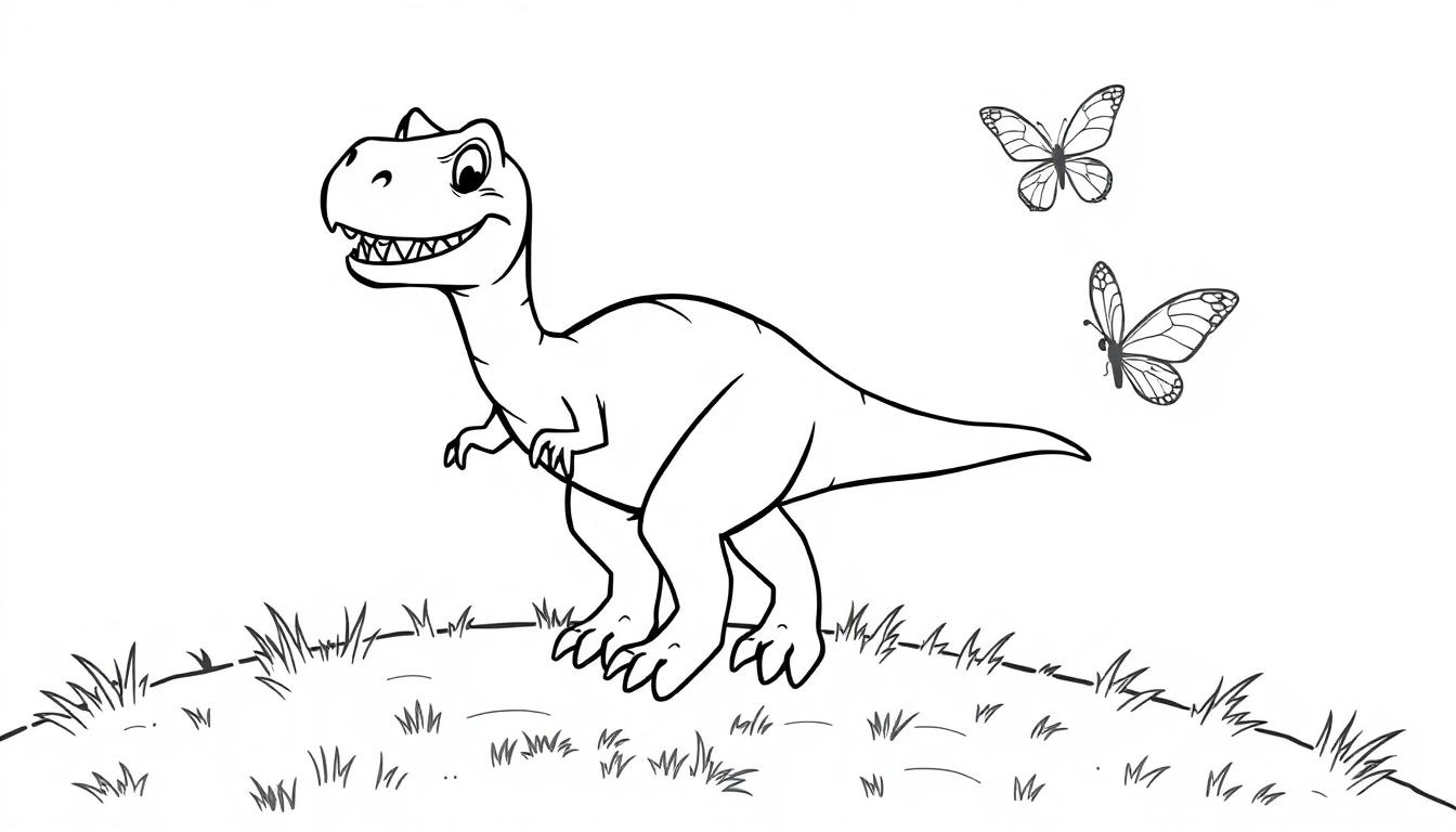 Farbtafel eines freundlichen Cartoon-Tyrannosaurus Rex in einer grünen Wiese mit Schmetterlingen.