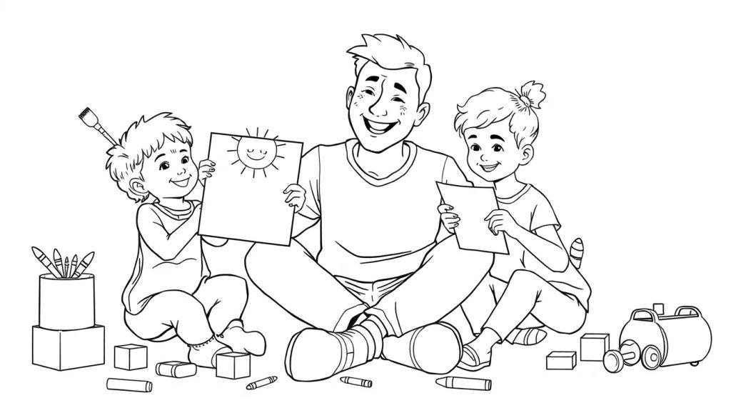 Schwarz-weiß Farbtafel einer Familie, die zusammen malt. Ein Vater sitzt mit seinen beiden Kindern auf dem Boden und sie alle lächeln und halten ihre Zeichnungen hoch.