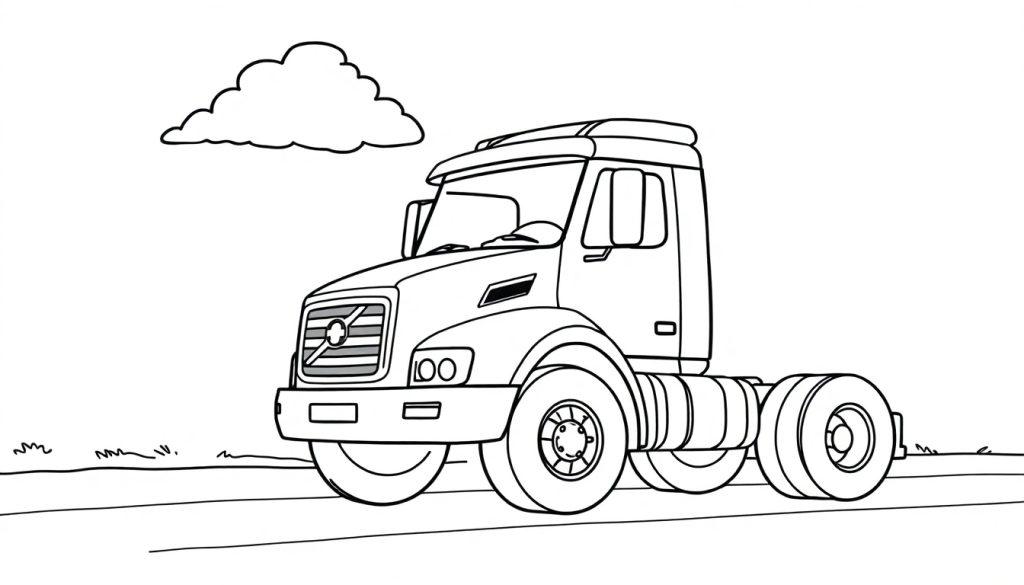 Eine Strichzeichnung eines niedlichen Volvo Lastwagens unter einer Wolke, bereit zum Ausmalen als Farbtafel.