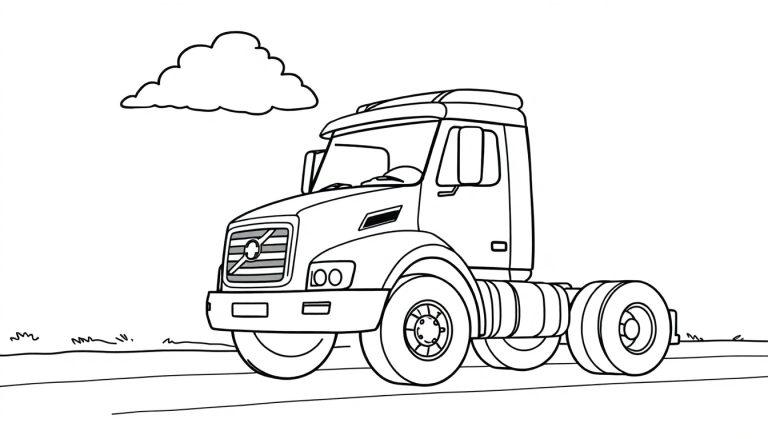 Eine Strichzeichnung eines niedlichen Volvo Lastwagens unter einer Wolke, bereit zum Ausmalen als Farbtafel.