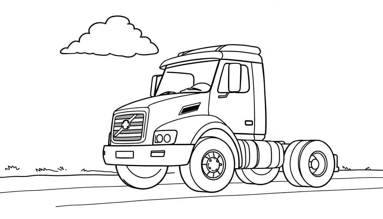 Eine Strichzeichnung eines niedlichen Volvo Lastwagens unter einer Wolke, bereit zum Ausmalen als Farbtafel.