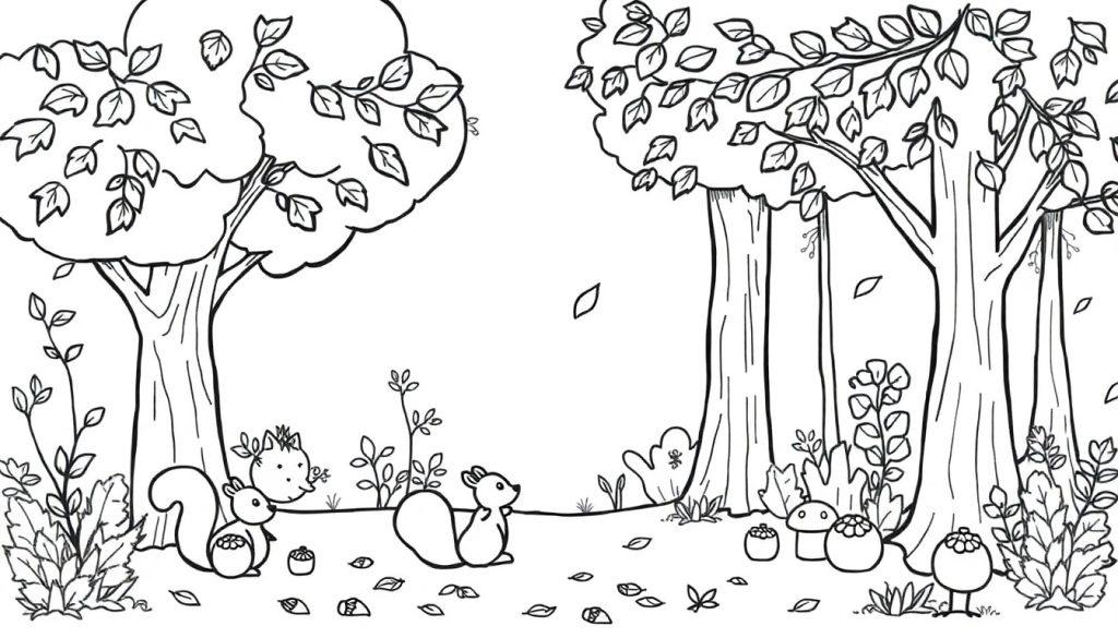 Schwarz-Weiß-Farbtafel: Zwei Eichhörnchen im Wald neben Bäumen und Büschen, Pilze und Vegetation am Fuße anderer Bäume, verstreute Blätter auf dem Boden.