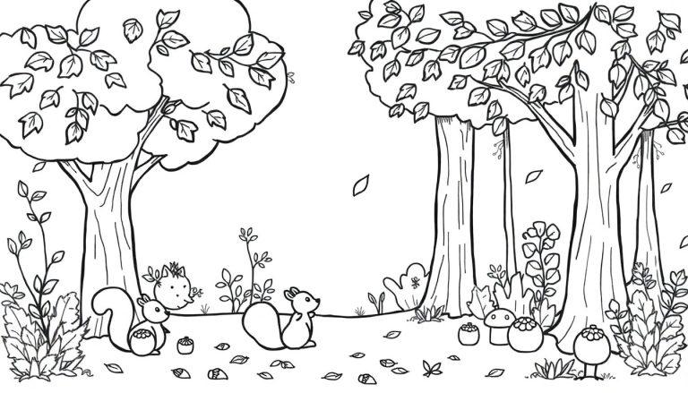 Schwarz-Weiß-Farbtafel: Zwei Eichhörnchen im Wald neben Bäumen und Büschen, Pilze und Vegetation am Fuße anderer Bäume, verstreute Blätter auf dem Boden.