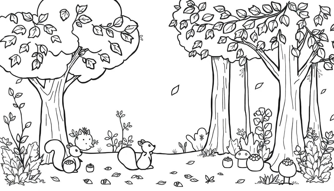 Schwarz-Weiß-Farbtafel: Zwei Eichhörnchen im Wald neben Bäumen und Büschen, Pilze und Vegetation am Fuße anderer Bäume, verstreute Blätter auf dem Boden.
