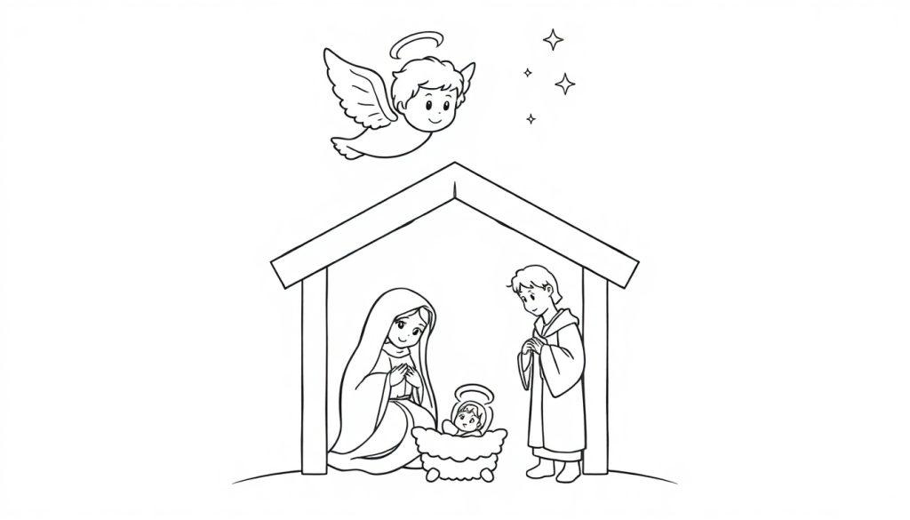 Schwarz-Weiß-Farbtafel-Ausmalbild: Ein kleiner Engel schwebt über der Krippe mit Maria, Josef und dem Jesuskind, umgeben von vier Sternen auf einem sanft gewölbten Hügel.