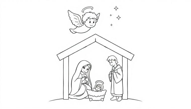 Schwarz-Weiß-Farbtafel-Ausmalbild: Ein kleiner Engel schwebt über der Krippe mit Maria, Josef und dem Jesuskind, umgeben von vier Sternen auf einem sanft gewölbten Hügel.